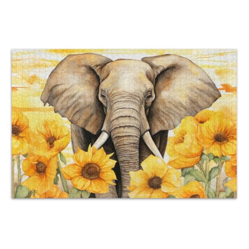 Aquarell-Elefant mit Sonnenblumen, Puzzle, 500 Teile, tolle Geschenkidee für Feiertage, einzigartige Puzzles, fertige Größe 50,5 x 37,8 cm von CHIFIGNO