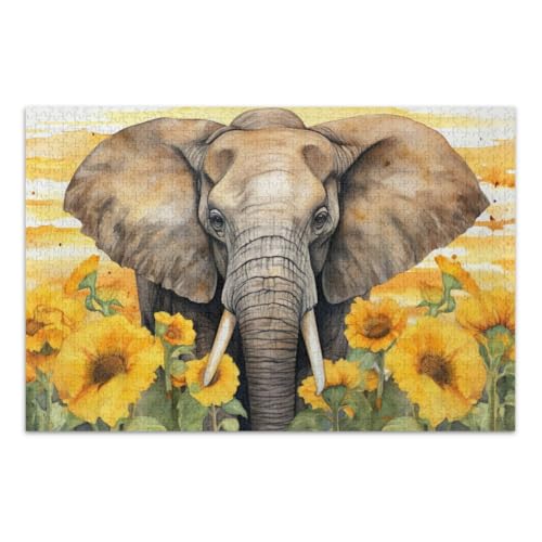 Aquarell Elefant und Sonnenblumen Puzzles 1000 Teile, Familienpuzzles lustige und farbenfrohe Kunstwerke, fertige Größe 75 x 50 cm von CHIFIGNO