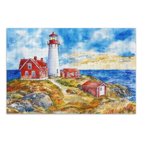 Aquarell-Leuchtturm-Puzzle, 1000 Teile, für Erwachsene, tolle Geschenkidee für Feiertage, Familienpuzzle, fertige Größe 75 x 50 cm von CHIFIGNO