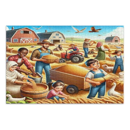 Bauernhof-Ernte-Puzzle, 1000 Teile, lustige und farbenfrohe Kunstwerke, fertige Größe 75 x 50 cm von CHIFIGNO