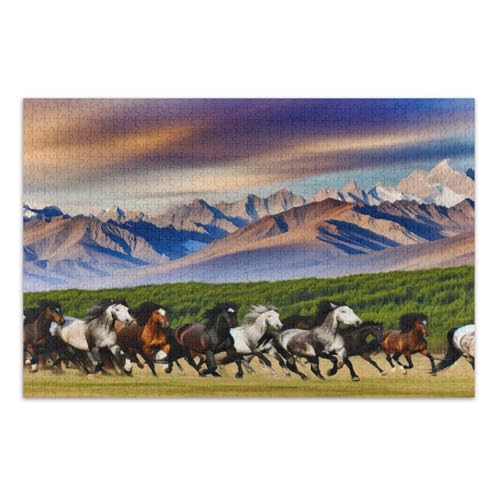 Berglandschaft Laufpferd Puzzle für Erwachsene, 1000 Teile, lustige und farbenfrohe Wandkunst, fertige Größe 75 x 50 cm von CHIFIGNO
