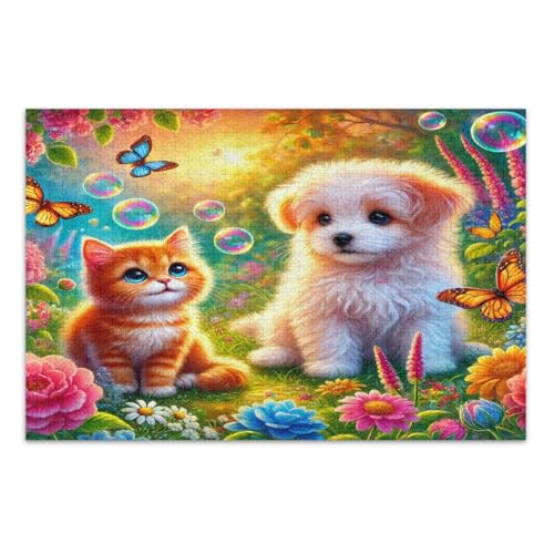 Bunte Blumen Schmetterlinge niedliche Katze Hund Puzzle für Erwachsene 1000 Teile Familienpuzzles herausforderndes Puzzle für Spielabende, fertige Größe 75 x 50 cm von CHIFIGNO