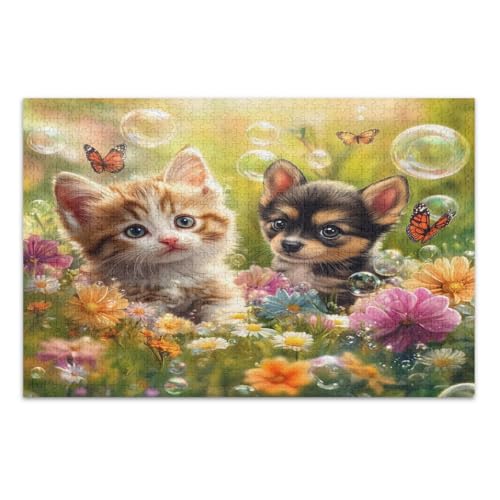 Bunte Blumen niedliche Kätzchen Welpenpuzzle für Erwachsene 1000 Teile einzigartige Rätsel anspruchsvolle Familienaktivität, fertige Größe 69,5 x 49,7 cm von CHIFIGNO