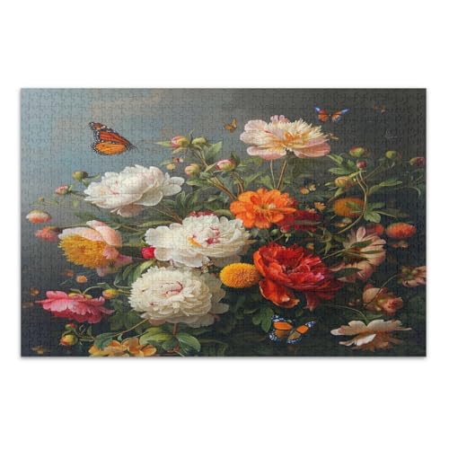 Bunte Blumen und Schmetterlinge, 1000 Teile, schwierige Puzzles, lustige und farbenfrohe Kunstwerke, Heimdekoration, fertige Größe 75 x 50 cm von CHIFIGNO