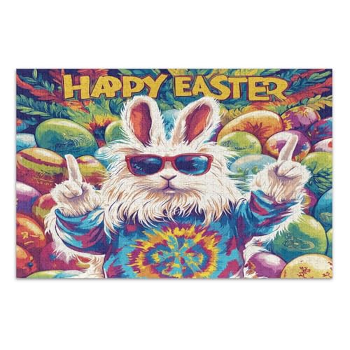 Buntes cooles Osterhasen-Puzzle für Erwachsene, lustiges Puzzle, lustiges und farbenfrohes Kunstwerk, fertige Größe 75 x 50 cm von CHIFIGNO
