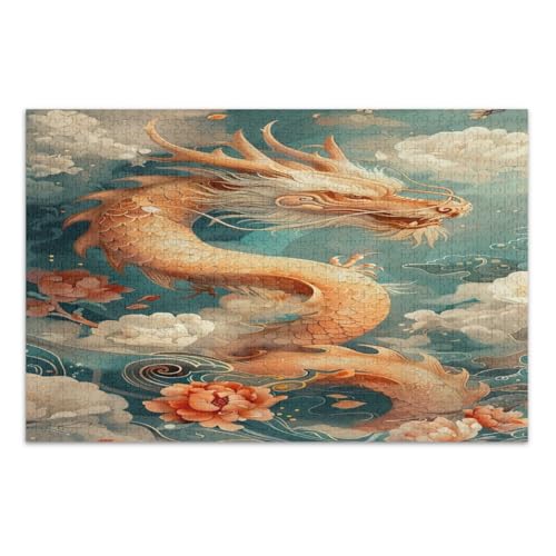 Chinesische Blumen Drachen Puzzles für Erwachsene 1000 Teile, Lustige Puzzles Herausforderndes Puzzle für Spieleabende, Fertige Größe 29,5 x 19,7 Zoll von CHIFIGNO