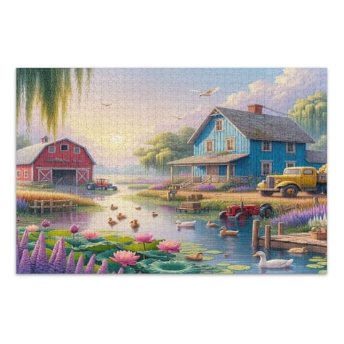 Country Life Vintage Farmhouse Puzzle für Erwachsene, lustige und farbenfrohe Kunstwerke, Heimdekoration, schwierige Puzzles, fertige Größe 50,5 x 37,9 cm von CHIFIGNO