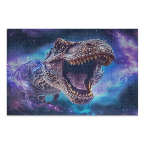 Dinosaurier mit offenem Mund auf Galaxie-Puzzle, 500 Teile, lustige und farbenfrohe Kunstwerke, Heimdekoration, Familienpuzzles, fertige Größe 50,5 x 37,9 cm von CHIFIGNO