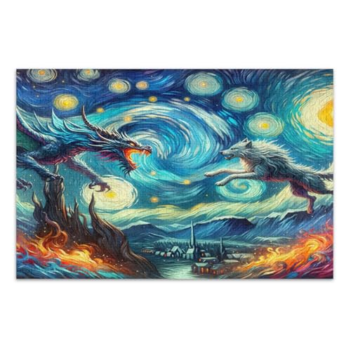 Dragon Wolf Blue Starry Night Puzzle 1000 Teile, coole Puzzles, lustige und farbenfrohe Wandkunst, fertige Größe 75 x 50 cm von CHIFIGNO