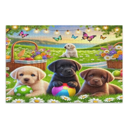 Entzückender Welpe Frühlingsblumen Schmetterlinge Puzzle für Erwachsene 1000 Teile einzigartiges Puzzle, lustig und farbenfroh, fertige Größe 75 x 50 cm von CHIFIGNO