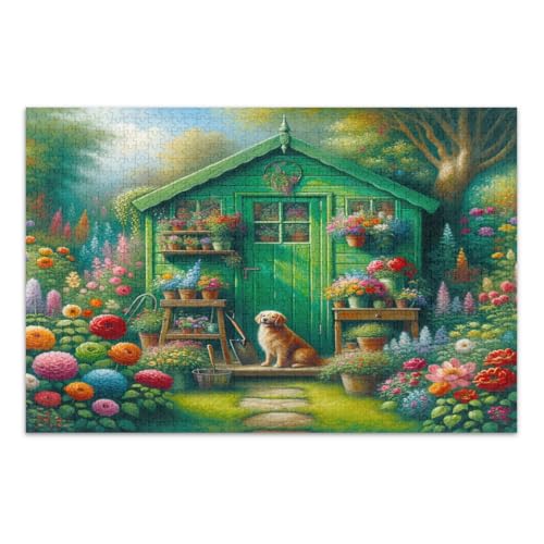 Gartenhaus mit Hunde-Puzzle, 500 Teile, lustiges und farbenfrohes Kunstwerk, Heimdekoration, fertige Größe 50,5 x 37,8 cm, Grün von CHIFIGNO