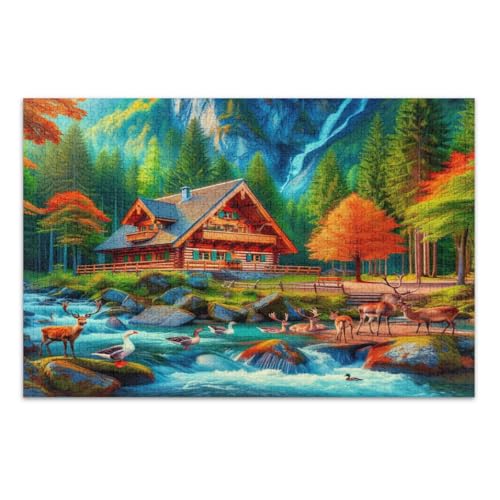 Holzhaus Hirsche Gänse 1000 Teile Puzzles für Erwachsene Schwierige Puzzles Spaß Spiel für Männer Frauen Fertige Größe 29,5 x 19,7 Zoll von CHIFIGNO