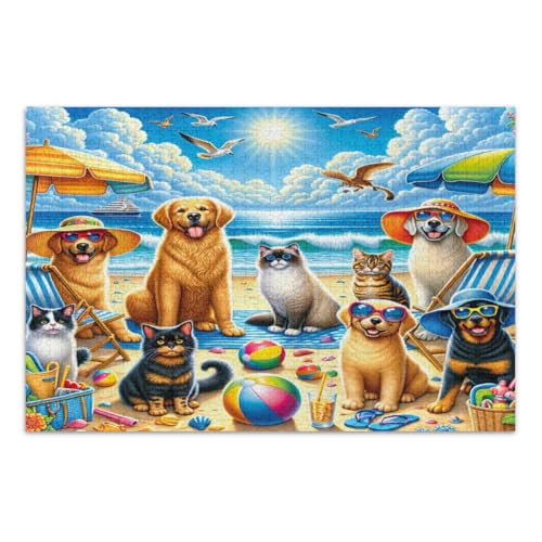 Hunde und Katzen am Sommer Strand Puzzles 1000 Teile für Erwachsene Pädagogisches Intellektuelles Puzzle Lustige Puzzles, Fertige Größe 29,5 x 19,7 Zoll von CHIFIGNO