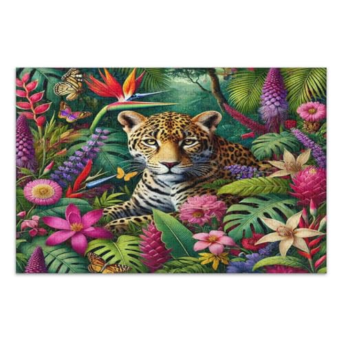 Leopard Tropische Blätter, Blumen, Schmetterlinge, Puzzles für Erwachsene, 1000 Teile, schwierige Puzzles, lustige und farbenfrohe Kunstwerke, Heimdekoration, fertige Größe 75 x 50 cm von CHIFIGNO