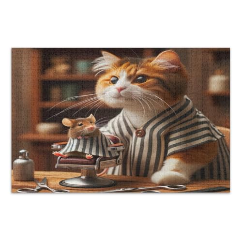 Lustige Katze gibt Maus einen Haarschnitt Puzzle 1000 Teile Tolle Geschenkidee für Feiertage Lustiges Puzzle, Fertige Größe 29,5 x 19,7 Zoll von CHIFIGNO