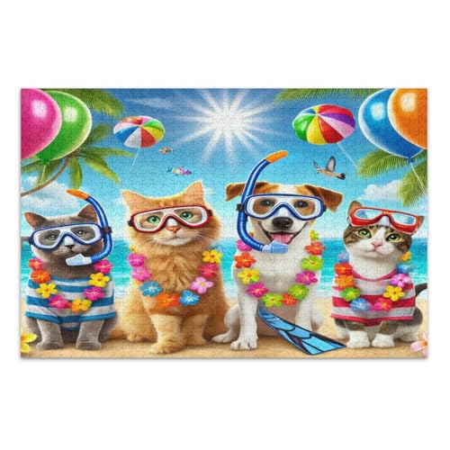 Lustige hawaiianische Katzen Hunde Puzzles 1000 Teile, schwierige Puzzles Weiße Elefanten Geschenkideen, fertige Größe 69,5 x 49,7 cm von CHIFIGNO