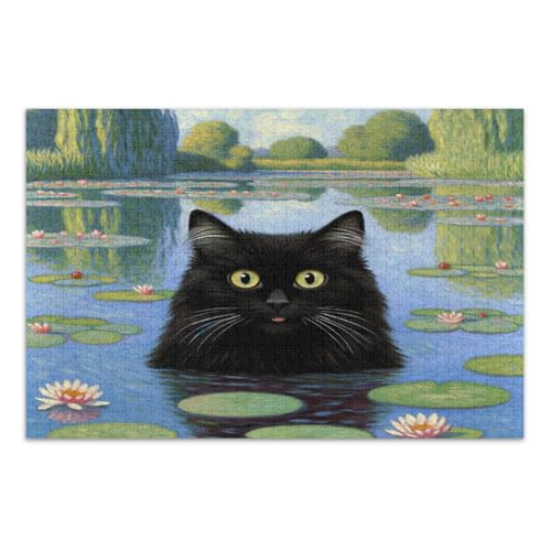 Lustige schwarze Katze Seerosen 1000 Teile Puzzle Abschluss- oder Geburtstagsgeschenk Familienpuzzle, fertige Größe 75 x 50 cm von CHIFIGNO
