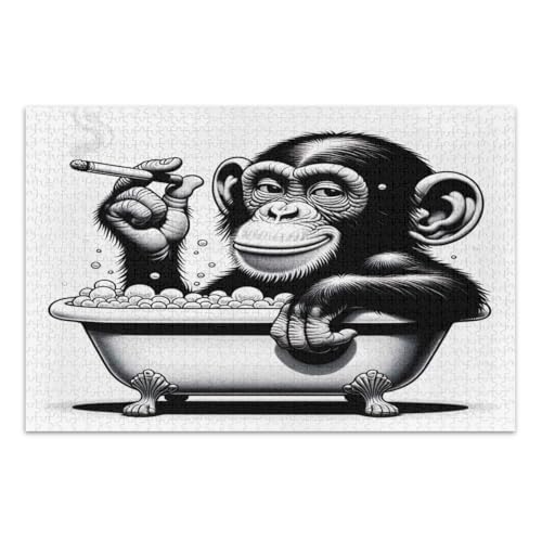 Lustiger Schimpanse in der Badewanne, 1000 Teile, lustiges und farbenfrohes Kunstwerk, lustige Puzzles, fertige Größe 75 x 50 cm von CHIFIGNO