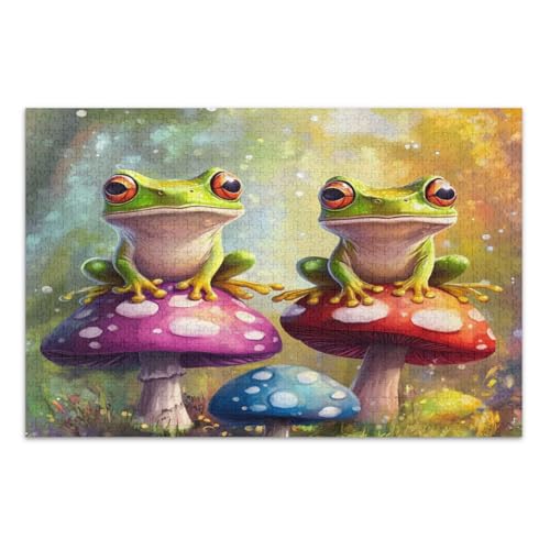 Lustiges Puzzle, Motiv: Frösche, Pilze, 1000 Teile, einzigartige Puzzles, lustige und farbenfrohe Wandkunst, fertige Größe 75 x 50 cm von CHIFIGNO