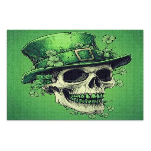 Lustiges St. Patrick's Day Schädel Grünes Puzzle für Erwachsene 1000 Teile Familienpuzzle Pädagogisches Intellektuelles Puzzle, Fertige Größe 29,5 x 19,7 Zoll von CHIFIGNO