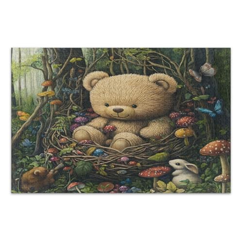 Niedliche Bärennest Schmetterlinge Pilze Puzzles 1000 Stück niedliche und bunte Kunstwerke Lustige Puzzles, fertige Größe 79,5 x 49,7 cm von CHIFIGNO