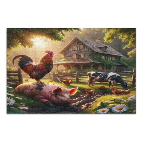 Niedliche Bauernhaustiere Hahnschwein Kuh Puzzle 1000 Teile Lustiges Spiel für Männer Frauen Lustige Puzzles, Fertige Größe 29.5 * 19.7 Zoll von CHIFIGNO