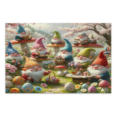 Niedliche Frühlingswichtel, Ostereier-Puzzle, 1000 Teile, Familienpuzzle, lustige und farbenfrohe Kunstwerke, fertige Größe 75 x 50 cm von CHIFIGNO
