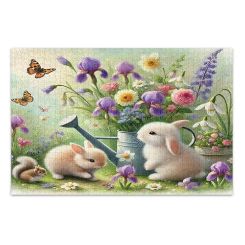 Niedliche Kaninchen Eichhörnchen Lebendige Blumen Puzzle 1000 Teile, Einzigartiges Puzzles Spaß Spiel für Männer Frauen, Fertige Größe 29,5 x 19,7 Zoll von CHIFIGNO