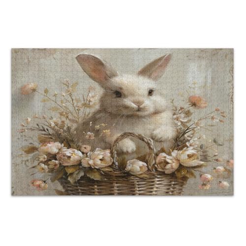 Niedliche Osterhase mit Korb Puzzles für Erwachsene 1000 Teile Herausfordernde Familienaktivität Einzigartige Puzzles, Fertige Größe 29,5 x 19,7 Zoll von CHIFIGNO