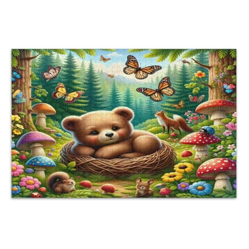 Niedlicher Bär Schmetterlinge Pilze Puzzle 1000 Teile Unterhaltungsspielzeug Geburtstagsgeschenk Einzigartige Puzzles, Fertige Größe 29,5 x 19,7 Zoll von CHIFIGNO