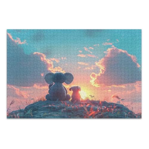 Niedlicher Elefant Hund 1000 Teile Puzzle pädagogisches intellektuelles Puzzle Familie Puzzle, Fertiggröße 69,5 x 49,7 cm von CHIFIGNO