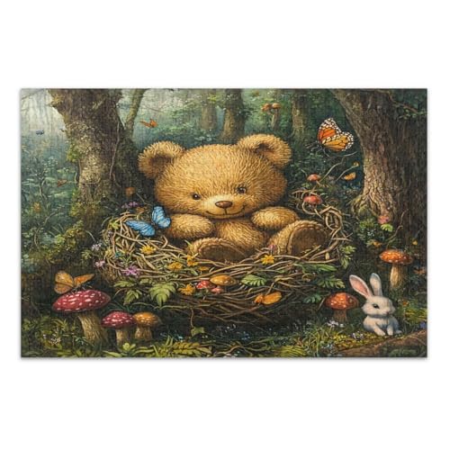 Niedliches Bärennest Blumen Pilze 1000 Teile Puzzle, Familienpuzzle Herausfordernde Puzzles für Spieleabende, Fertige Größe 29,5 x 19,7 Zoll von CHIFIGNO