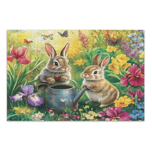 Niedliches Kaninchen-Garten-Puzzle, Frühlingsblumen, 1000 Teile, lustiges und farbenfrohes Kunstwerk, fertige Größe 75 x 50 cm von CHIFIGNO