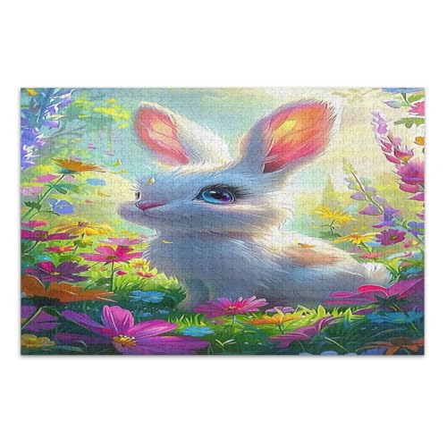 Niedliches Kaninchen mit Blumen Puzzle 1000 Teile, coole Puzzles pädagogisches intellektuelles Puzzle, fertige Größe 29,5 x 19,7 Zoll von CHIFIGNO
