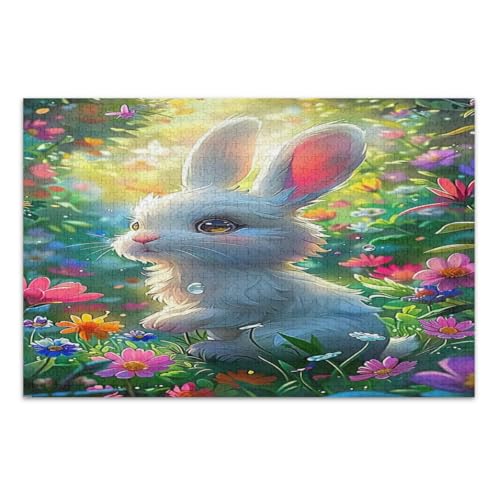 Niedliches Kaninchen mit Blumen Puzzles für Erwachsene 1000 Teile Wunderbare Puzzle Geschenke für Frauen Männer Einzigartige Puzzles, Fertige Größe 29,5 x 19,7 Zoll von CHIFIGNO