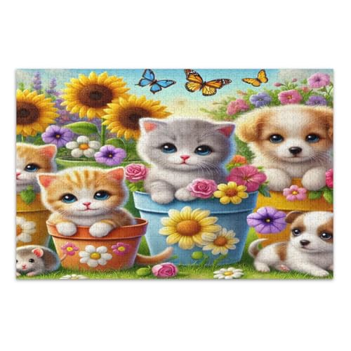 Niedliches Katzen- und Hunde-Puzzle mit bunten Blumen und Schmetterlingen, 1000 Teile, schwierige Puzzles, lustige und farbenfrohe Kunstwerke, Heimdekoration, fertige Größe 75 x 50 cm von CHIFIGNO