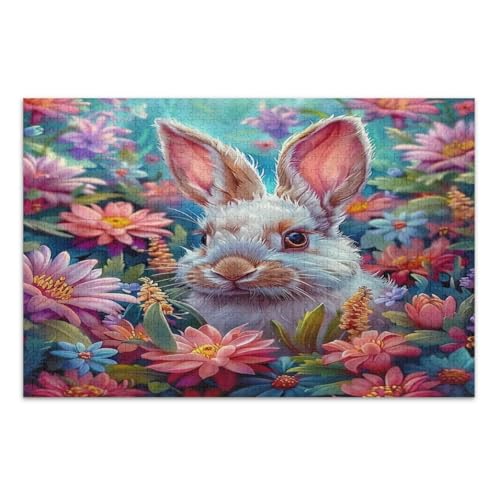 Niedliches Osterhase mit Blumen 1000 Teile Puzzle für Erwachsene Lustiges Spiel für Männer Frauen Einzigartige Puzzles, Fertige Größe 29,5 x 19,7 Zoll von CHIFIGNO