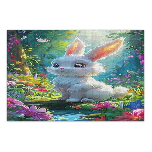 Niedliches weißes Kaninchen mit Blumen Puzzle für Erwachsene 1000 Teile Familienpuzzles lustiges Spiel für Männer Frauen, fertige Größe 29,5 x 19,7 Zoll von CHIFIGNO