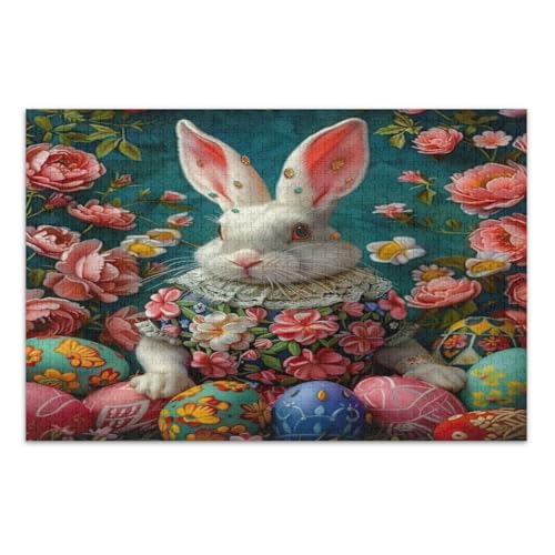 Ostereier-Puzzles mit weißen Hasen, rosa Blumen, 1000 Teile für Erwachsene, lustige und farbenfrohe Kunstwerke, Heimdekoration, fertige Größe 75 x 50 cm Ostereier-Puzzles mit weißen Hasen, rosa Blumen, 1000 Teile für Erwachsene, lustige und farbenfrohe Kunstwerke, Heimdekoration, fertige Größe 75 x 50 cm von CHIFIGNO