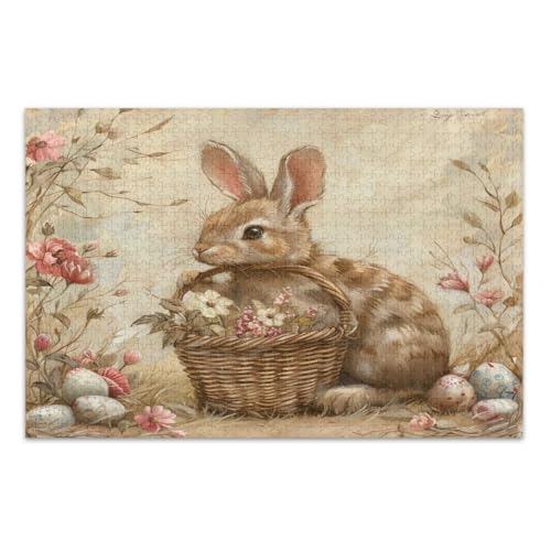Osterhase mit Korb und Blumen Puzzles 1000 Teile Pädagogisches Intellektuelles Puzzle Familienpuzzle, Fertige Größe 29,5 x 19,7 Zoll von CHIFIGNO