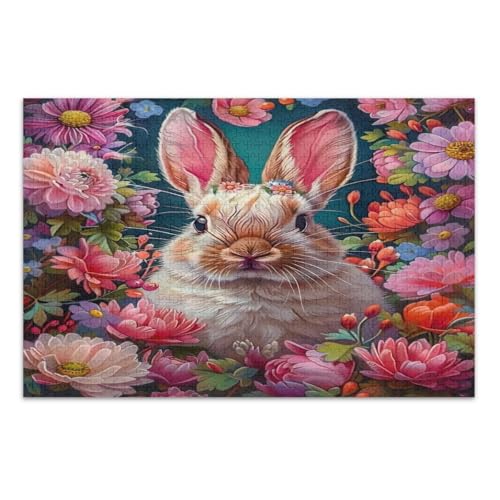 Osterhase mit rosa Blumen Puzzle 1000 Teile Lustiges Puzzle Wunderbare Puzzle Geschenke für Frauen Männer, Fertige Größe 29,5 x 19,7 Zoll von CHIFIGNO