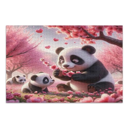 Pandas Pfirsichblüte Valentinstag Puzzle 1000 Teile, Schwierige Puzzles Spaß Spiel für Männer Frauen, Fertige Größe 20,5 x 14,9 Zoll von CHIFIGNO