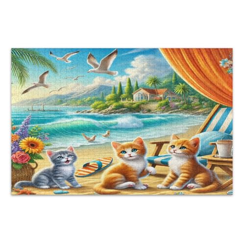 Puzzle, 1000 Teile, Strandszenen, verspielte Katzen, schwierige Puzzle, lustiges Spiel für Männer und Frauen, fertige Größe, 74,9 x 50 cm Puzzle, 1000 Teile, Strandszenen, verspielte Katzen, schwierige Puzzle, lustiges Spiel für Männer und Frauen, fertige Größe, 74,9 x 50 cm von CHIFIGNO
