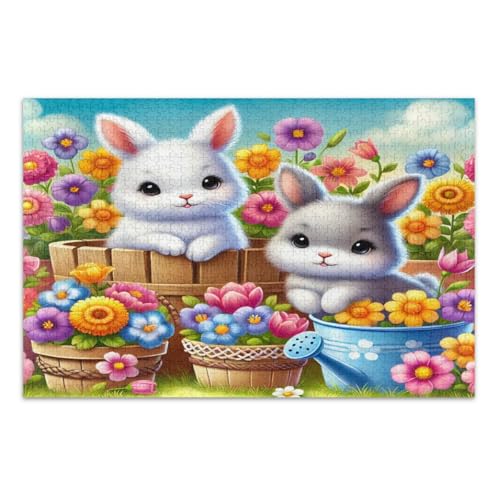 Puzzle, 1000 Teile, niedliche Kaninchen, Frühlingsblumen, Garten, lustige und farbenfrohe Kunstwerke, fertige Größe 75 x 50 cm Puzzle, 1000 Teile, niedliche Kaninchen, Frühlingsblumen, Garten, lustige und farbenfrohe Kunstwerke, fertige Größe 75 x 50 cm von CHIFIGNO