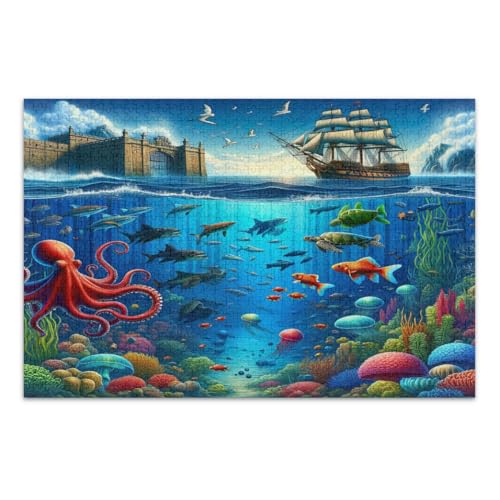 Puzzle, 500 Teile, Unterwasser-Szene, Familienpuzzle, lustige und farbenfrohe Kunstwerke, fertige Größe 50,5 x 37,8 cm von CHIFIGNO