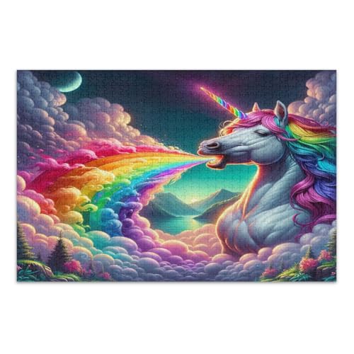 Puzzle, 500 Teile, süßes Einhorn mit Regenbogen und Wolke, lustige und farbenfrohe Kunstwerke, fertige Größe 50,5 x 37,8 cm von CHIFIGNO