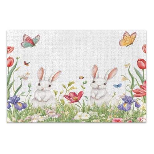 Puzzle 1000 Teile, Frühlingsblumen, Schmetterlinge, Osterhasen, Familienpuzzles, lustige und farbenfrohe Kunstwerke, Heimdekoration, fertige Größe 75 x 50 cm von CHIFIGNO