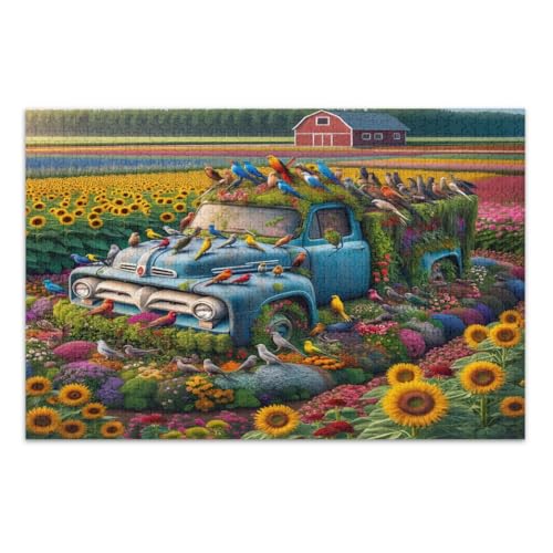 Puzzle 1000 Teile, Retro Blau Truck Vögel Blumen Lustiges Puzzle Tolle Geschenkidee für Feiertage, Fertige Größe 29,5 x 19,7 Zoll von CHIFIGNO