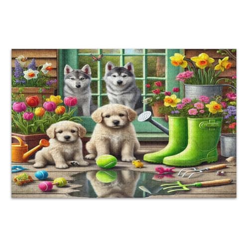 Puzzle 1000 Teile, niedliche Welpen, bunte Veranda, Frühlingsblumen, Familienpuzzles, lustiges Spiel für Männer und Frauen, fertige Größe 75 x 50 cm von CHIFIGNO