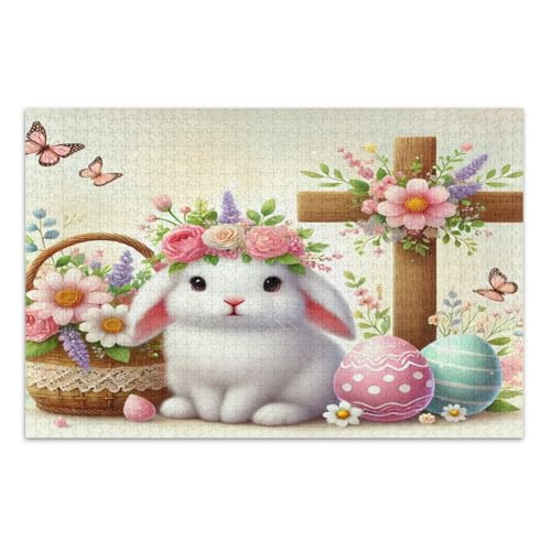 Puzzle 1000 Teile, niedliches Kaninchen, bunte Blumen, Eier, schwierige Puzzles, lustiges Spiel für Männer und Frauen, fertige Größe 75 x 50 cm Puzzle 1000 Teile, niedliches Kaninchen, bunte Blumen, Eier, schwierige Puzzles, lustiges Spiel für Männer und Frauen, fertige Größe 75 x 50 cm von CHIFIGNO